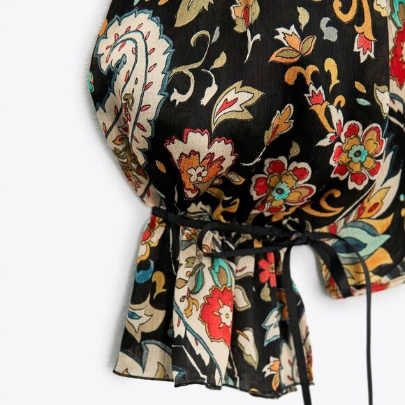 NEW Zara Multicolored Paisley Print High Collar Bow Ruffle Long Sleeves Blouse L - Picture 9 of 10